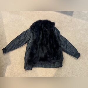Andrew Marc Black Stamped Leather Jacket with Real Removable Opossum Fur Lining